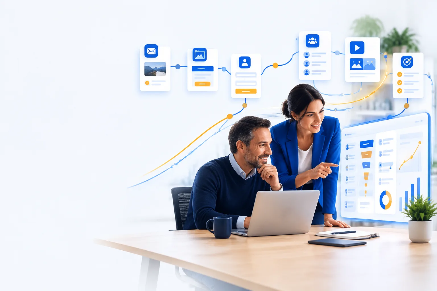 Imagen principal: Imagen editorial horizontal para sitio web B2B en Chile: a la izquierda sugerir espacio limpio para texto, a la derecha una mesa de trabajo moderna con gerente de pyme y especialista revisando un tablero digital abstracto de marketing y CRM; tarjetas flotantes conectadas con l&iacute;neas
