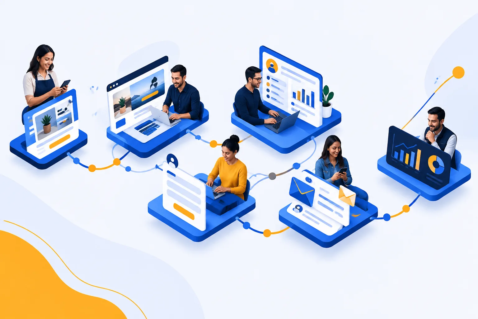 Imagen de apoyo: Ilustraci&oacute;n isom&eacute;trica limpia de un flujo comercial: tarjeta de oferta, landing page, formulario, CRM, email de seguimiento y reporte conectados por l&iacute;neas; colores #1B1F3B, #2F6BFF y #FFB000; sin texto legible.