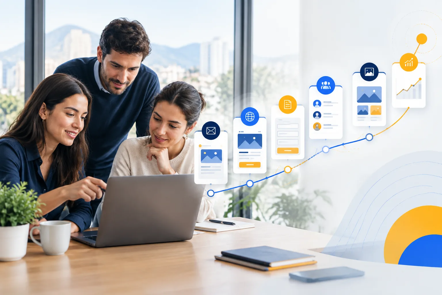 Imagen de apoyo: Fotograf&iacute;a editorial de equipo peque&ntilde;o de servicios profesionales en Chile revisando un notebook con dashboard abstracto; ambiente de oficina sobrio, luz natural, tono humano y experto; sin marcas visibles.